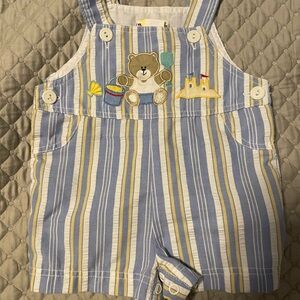 Striped Blue and Yellow Kids Beach Overalls with Cute Teddy